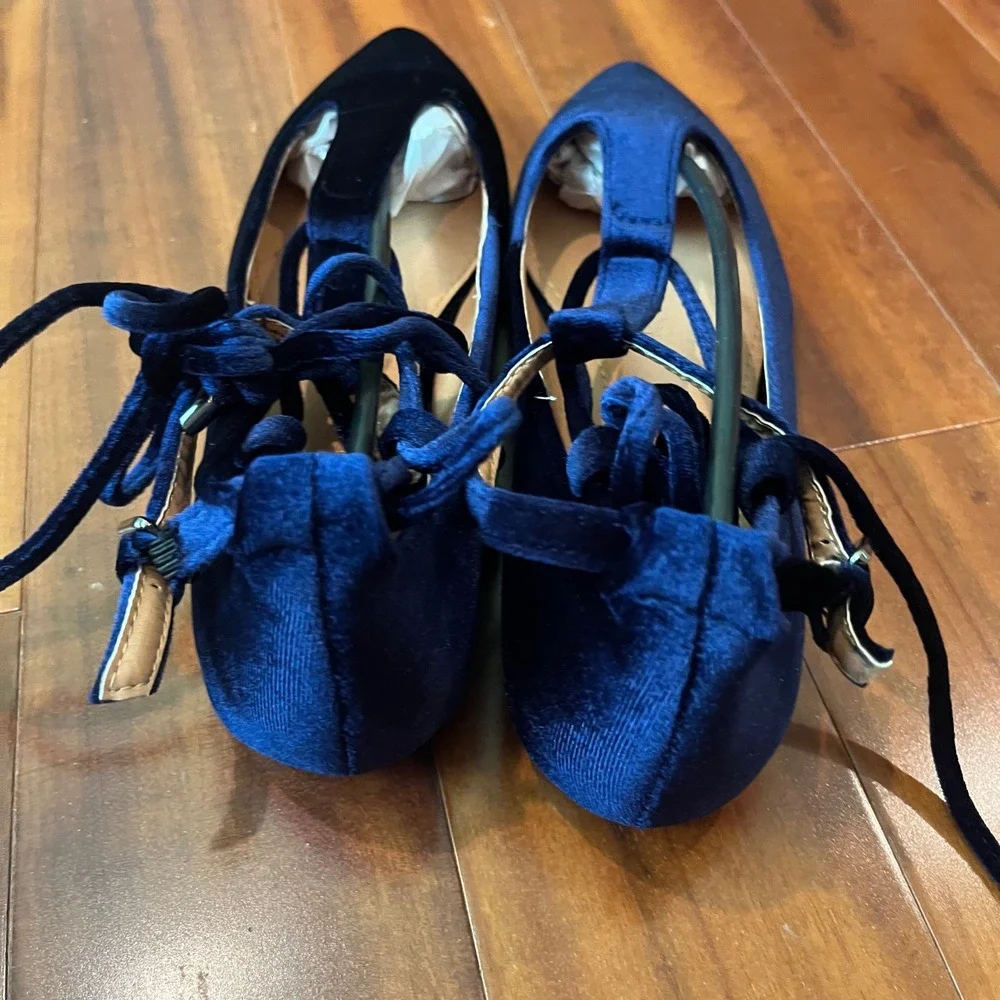 Navy Velvet Ballet Flat Lace Up Pointed‎ Toe Strappy T Yoki Urban-80 New Size 7